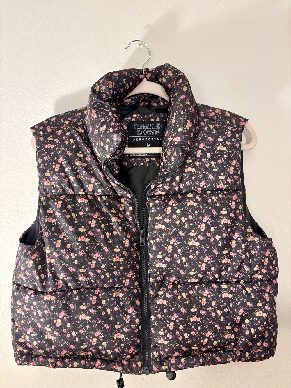 Aeropostale Black Floral Puffer Vest with Pink and Cream Blossoms